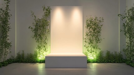 Poster - Empty display pedestal surrounded by green plants in a minimalist interior setting