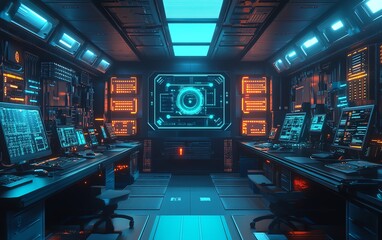 Poster - Futuristic lab with glowing circuit boards, microchips, neon lights illuminating advanced technology, intricate digital designs, sleek and hightech workspace