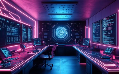 Poster - Futuristic lab with glowing circuit boards, microchips, neon lights illuminating advanced technology, intricate digital designs, sleek and hightech workspace