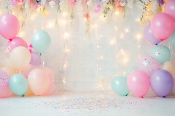 Poster - Colorful festive balloons and twinkling lights create a joyful atmosphere for celebrations and parties. Generative AI