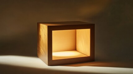 Poster - Wooden cube lamp casting a warm ambient glow in minimalistic setting