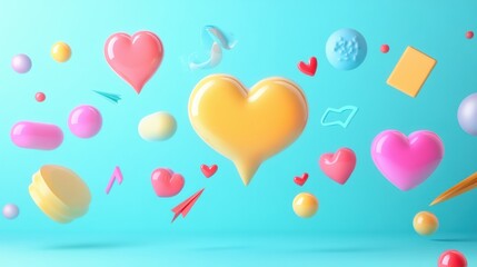 Leinwandbilder - Floating 3D chat bubbles, colorful hearts, and arrows creating a playful digital atmosphere. Generative AI