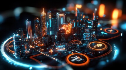 Poster - Futuristic Illuminated Cityscape with Towering Skyscrapers and Glowing Technological Infrastructure