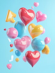 Leinwandbilder - Floating 3D chat bubbles, hearts and arrows create a colorful display against a serene blue background in a playful digital art concept. Generative AI