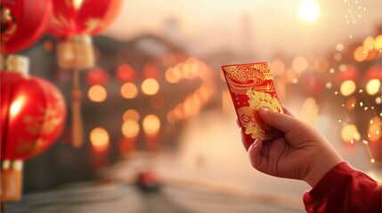 Red Envelope Tradition: A hand holds a traditional red envelope, a symbol of luck and prosperity during Chinese New Year. The background features glowing lanterns.