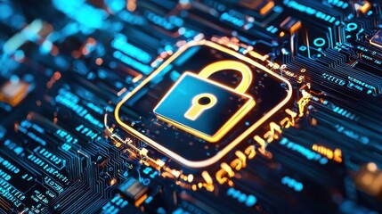 Poster - Secure Digital Lock Symbol on Circuit Board with Futuristic Cybersecurity Background