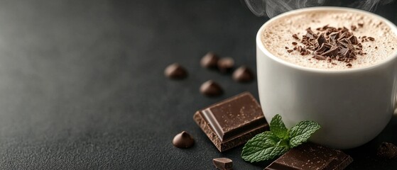 A white coffee cup with chocolate and mint leaves on a black background