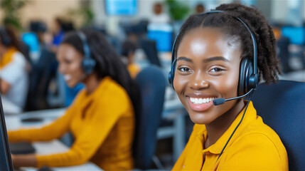 Smiling African-American woman wearing a headset while working in a dynamic customer service environment, exuding professionalism and energy.