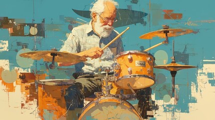 Poster - Vibrant Drummer in Colorful Abstract Setting, a lively original acrylic painting on canvas, capturing the energy and rhythm of music through a dynamic multicolored backdrop.