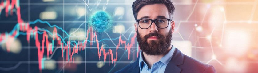 Poster - financial analyst with beard and glasses stands confidently in front of digital stock market chart, showcasing data trends and analytics
