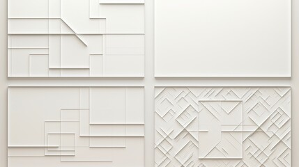 Poster - Minimalist display of four square white frames arranged symmetrically on a pristine white wall, creating a clean, modern aesthetic in a contemporary space.