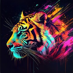  Vibrant neon glitch art featuring a striking tiger.