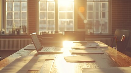 Wall Mural - Sunlit Workspace: Laptop, Papers, and Golden Hour Glow