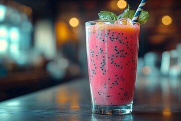 Wall Mural - Refreshing Dragon Fruit Smoothie with Mint Garnish in a Glass - Perfect for Summer Vibes and Healthy Lifestyles