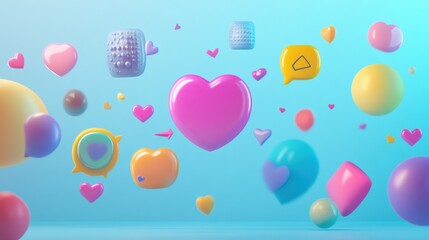 Wall Mural - Floating 3D chat bubbles and hearts create an engaging and colorful digital conversation space. Generative AI