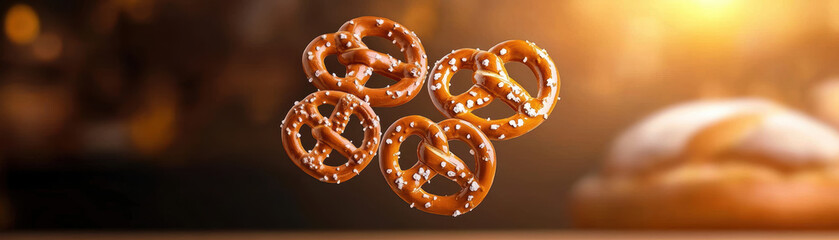 Floating pretzels arranged in circular pattern, showcasing their golden brown color and salt crystals. This evokes sense of fun and indulgence