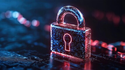 Poster - Luminous Neon Glowing Padlock   Symbol of Digital Security and Cyber Protection