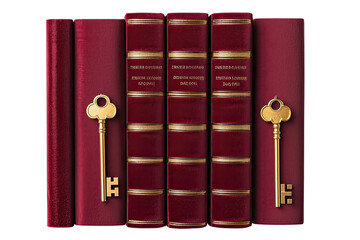 Aufkleber - Velvet prosperity idea. Elegant red books with golden keys symbolize knowledge and mystery in a scholarly setting.