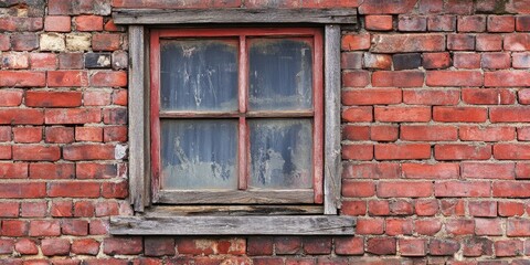 Poster - A window featuring a wooden frame is set against an old red brick wall, showcasing a damaged texture that adds character and charm to the scene. The unique window and wall details are captivating.