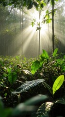 Poster - Mesmerizing Sunlight Rays Streaming Through the Lush Tropical Foliage in a Magical Forest Landscape