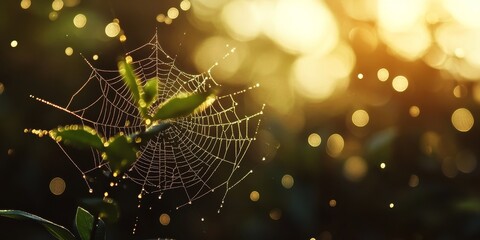 Wall Mural - A small plant is elegantly enveloped by a delicate spider web, which glistens with numerous dew drops. The small plant showcases the beauty of nature alongside the spider web and dew drops.