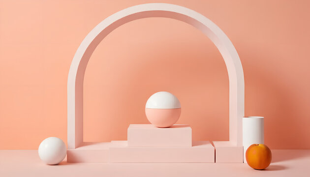 a minimalist composition with geometric shapes including white cylinders and a peach-colored sphere
