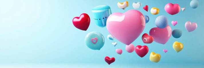 Leinwandbilder - Floating 3D chat bubbles hearts and arrows create a vibrant and cheerful digital atmosphere. Generative AI
