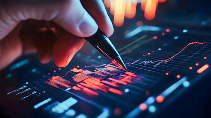 Poster - Close-Up of Hand Using Pen on Interactive Digital Financial Chart Display with Graphs and Data Analysis Elements
