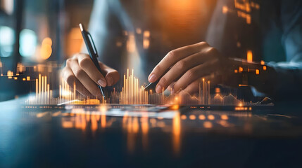 Poster - Close-up of Hands Holding a Pen Writing on Paper with Overlay of Financial Charts and Graphs Indicating Market Trends
