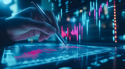 Poster - Hand Holding Pen Analyzing Financial Data on Digital Screen with Colorful Graphs and Charts in a Modern Office Environment