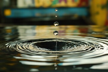 Poster - drop of water falling on serene surface, creating ripples and reflections