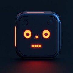 Wall Mural - Glowing Neon Square Robot Face: Dark Sci-Fi Digital Art