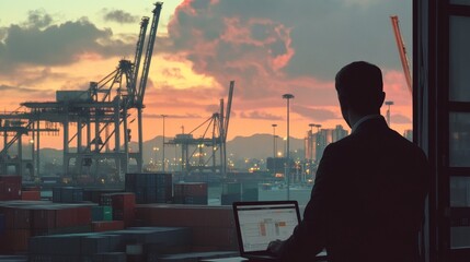 Poster - Business professional analyzing shipping data at sunset port industrial environment scenic viewpoint