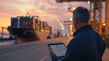 Poster - Shipping operations manager using tablet at port container shipping sunset environment professional perspective logistics efficiency