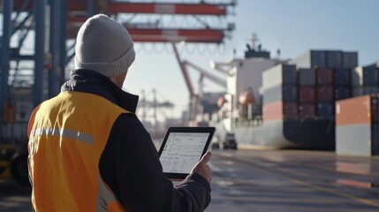 Poster - Logistics manager analyzing data at shipping terminal port digital tools industrial environment side view supply chain efficiency