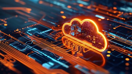 Poster - Glowing Digital Cloud Symbol on Futuristic Circuit Board Background Representing Innovation and Intelligence in Technology