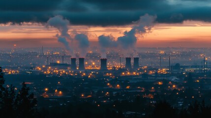 Wall Mural - Industrial pollution impacting urban landscape at dusk aerial view environmental concerns urban development