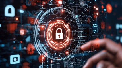 Poster - Secure digital technology lock icon representing data protection and cybersecurity in modern cloud computing and internet of things environment
