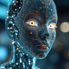 Wall Mural - A portrait of an AI assistant, designed with glowing circuitry running through a sleek, semi-transparent face, showcasing emotion through its digital eyes