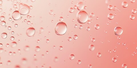 Leinwandbilder - Oil with bubbles creates an intriguing visual on a light pink coral monochrome background. This abstract space background showcases macro details of oil drops and air bubbles in water, emphasizing
