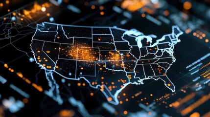 Poster - Illuminated Digital Map of United States with Glowing Network Connections