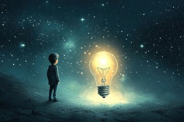 Wall Mural - Captivating digital art depicting a child under a starry night sky.