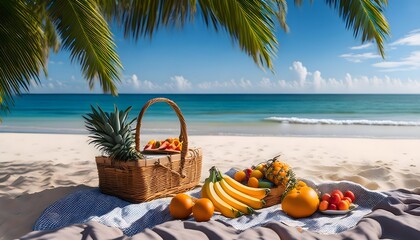 Wall Mural - Tropical Beach Picnic Basket with Fresh Fruit Ocean View