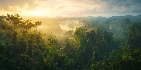 Wall Mural - Lush trees in a vibrant jungle create a serene atmosphere in the afternoon, showcasing the beauty of trees and their vital role in the ecosystem of the jungle.