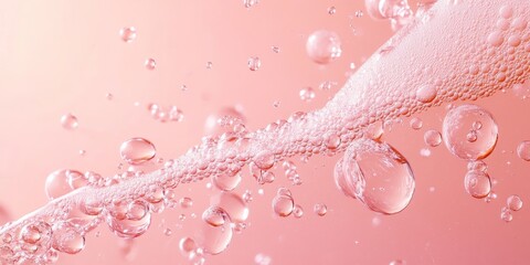 Leinwandbilder - Oil with bubbles creates an intriguing visual on a light pink coral monochrome background. This abstract space background showcases macro details of oil drops and air bubbles in water, emphasizing