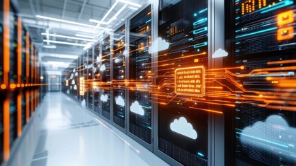 Poster - Futuristic Data Center with Rows of Servers and Digital Interfaces