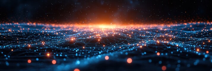 Poster - Network of glowing dots connected by lines creating a digital landscape at night