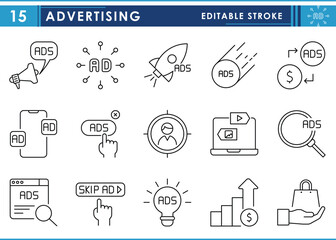 Leinwandbilder - A set of line icons related to Advertising. Advertisement, Ads, digital, money, earning, marketing, target, multimedia, shopping, and so on. Vector editable stroke.