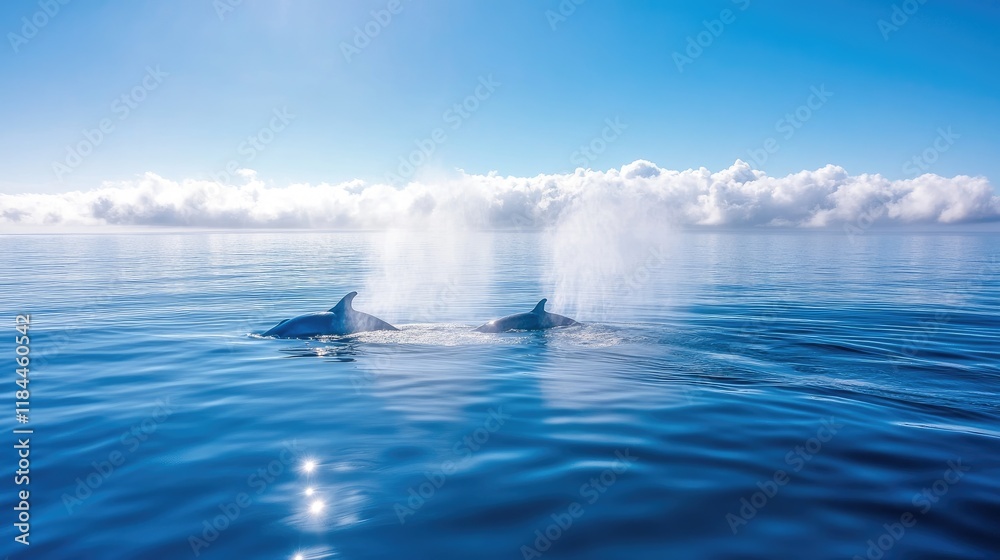 Two whales spouting water in a tranquil ocean under a clear blue sky.