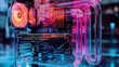 © Tichakon - RGB Gaming PC Water Cooling System:  A close-up shot of a vibrant RGB gaming PC with a custom water cooling system showcasing the intricate network of tubes and components.